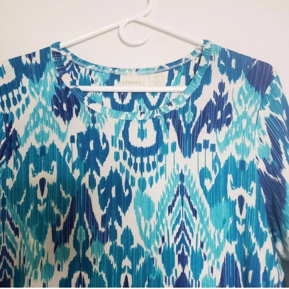 Chico's Asymmetrical Crochet Hem Ikat Tunic Size 1 Medium Blue Elbow Sleeves - Picture 3 of 8